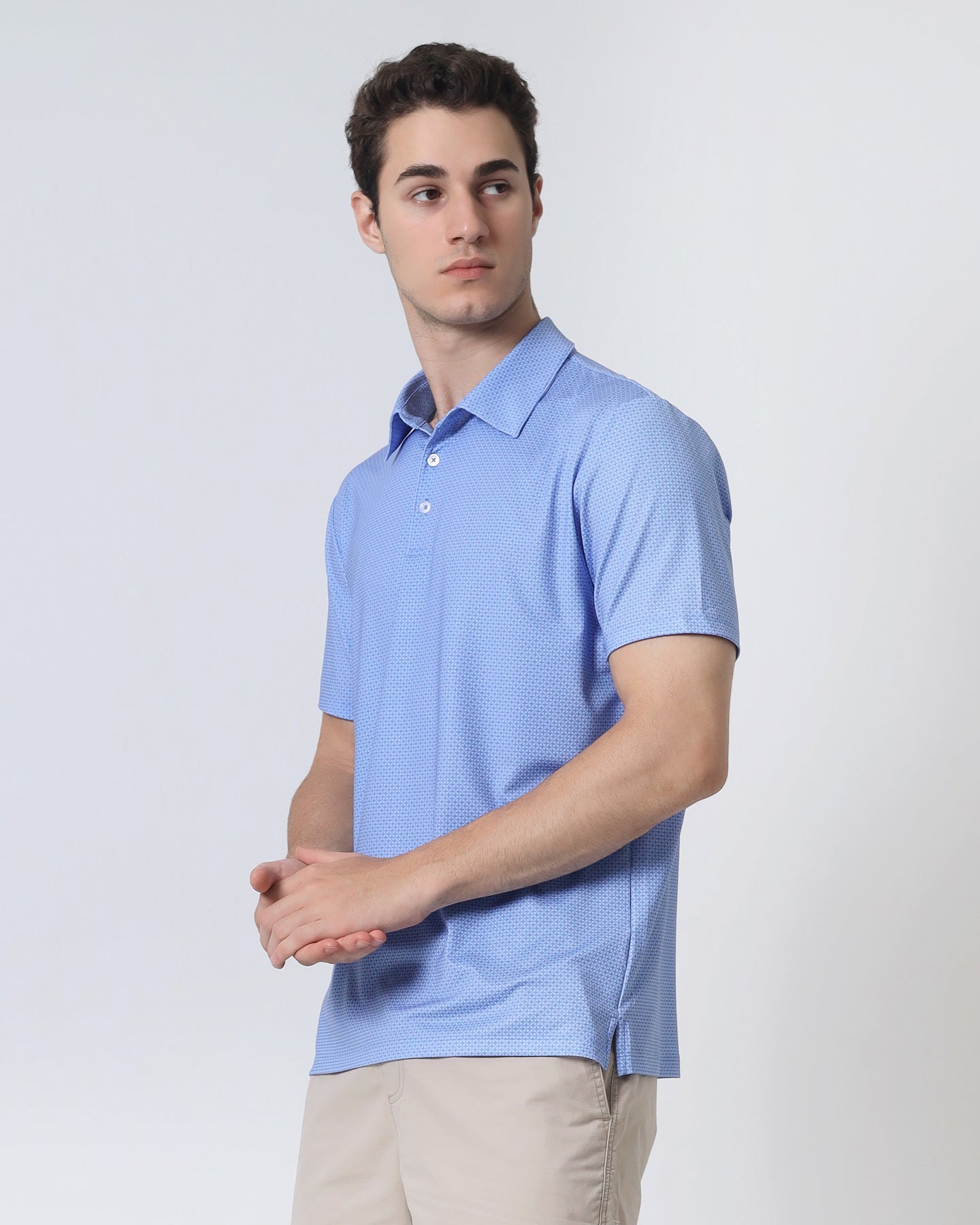 Quieti Performance Regular Fit, French Blue Geo Printed Knit, 3 button Short Sleeve Polo
